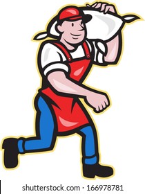 Illustration of a flour miller worker wearing apron bib carrying flour sack on shoulder walking on isolated white background in cartoon style.