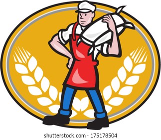 Illustration Of A Flour Miller Worker Wearing Apron Bib Carrying Flour Sack On Shoulder Set Inside Oval With Wheat Stalk Crossed In Background Done In Cartoon Style.