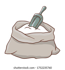 Illustration of flour sack with scoop. Bakery shop item.