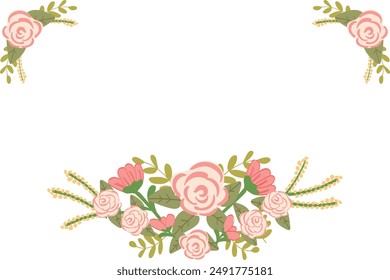 Illustration of Flower Arrangement Element. Pink Roses and others. Center and Top Corners Alignment. To be added in wedding invitation, greeting card, etc. Romantic, feminine, vintage and other theme