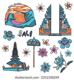 illustration of flower and balinese temple from bali indonesia island elements