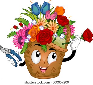 Illustration of a Flower Basket Mascot Arranging the Flowers on Her Head