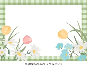 Una ilustración con un borde de flores sobre un fondo verde a cuadros, un marco de primavera con la Imagen de diferentes flores, en el centro es un fondo blanco para la inscripción