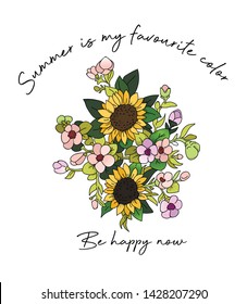 Illustration of flower bouquet and slogan for t-shirt design.