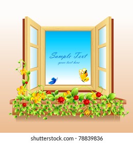 illustration of flower and butterfly in open window