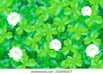 An illustration of a flower field filled with white clover, four-leaf clovers, and three-leaf clovers