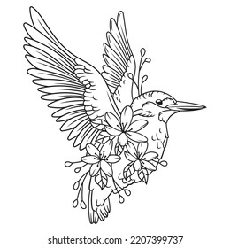 Illustration of a flower flying sparrow. Stylized bird. Tattoo. Forest animal. Bird with flower wreath. Fauna.