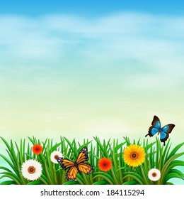 Illustration of a flower garden with butterflies