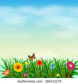 Illustration of a flower garden with a butterfly and a ladybug