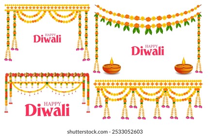 illustration of Flower garland decoration toran for Happy Diwali, Dussehra Wedding Invitation Indian Holiday festival background template for banner