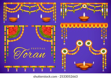 illustration of Flower garland decoration toran for Happy Diwali, Dussehra Wedding Invitation Indian Holiday festival background template for banner