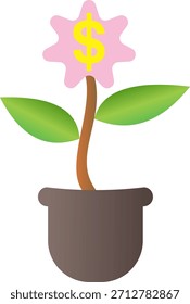 Ilustração de uma flor crescendo a partir de um vaso com um símbolo de dólar no seu centro, simbolizando o crescimento financeiro, investimento, lucro, poupança e desenvolvimento econômico