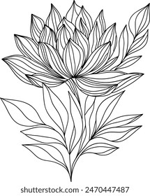 Illustration der Blume. Handgezeichneter schwarzer Lotus und Blätter.