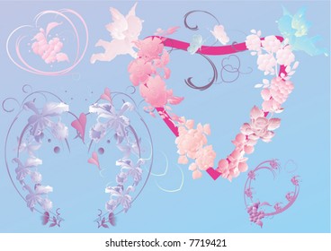 illustration with flower hearts on blue background