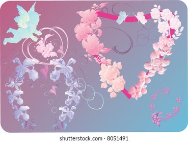 illustration with flower hearts on blue background