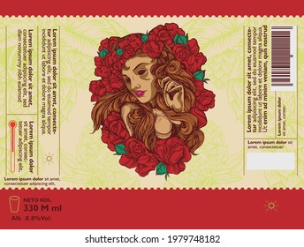 illustration of flower lady for beer label, coffee and sticker packaging 