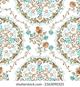 Illustration of flower and leaf ornaments arranged on a white background. Seamless pattren design textile.