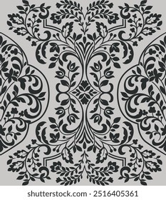 Ilustração de ornamentos de flores e folhas dispostos em um fundo cinza. Têxtil de design de padrão sem costura.