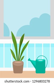 Illustration of a flower in a pot by the window and a watering can, sansevieriya