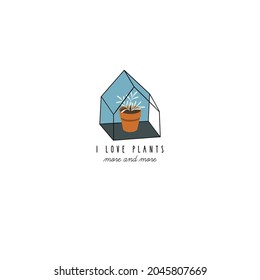 Illustration of a flower pot in a cute tiny house. Nice house logo. Growing, farming, nature concept. Emblem for a flower shop, eco farm and more.