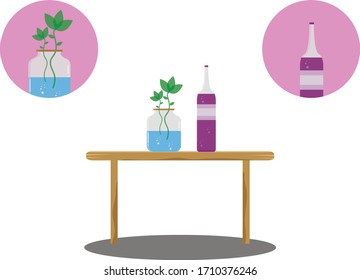 illustration of flower pot and drink bottle on the table. vector illustration