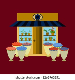 Illustration of a flower shop with flowers outdoors and inside