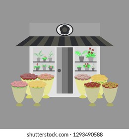 Illustration of a flower shop with flowers outdoors and inside