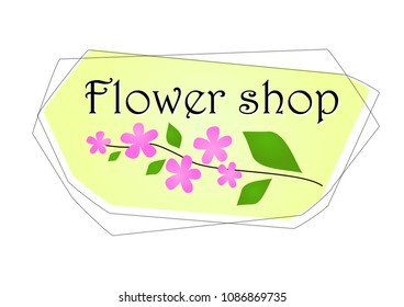 Illustration for Flower shop with pink small flowers and green leaves on yellow background in double border for decoration, logo, firm style 
