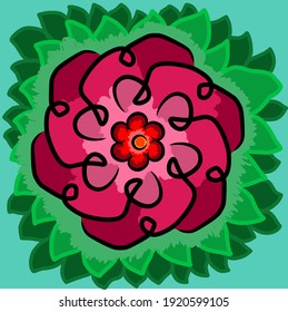 It is an illustration of a flower with a splash of purple and surrounding a leaf with a mixture of green