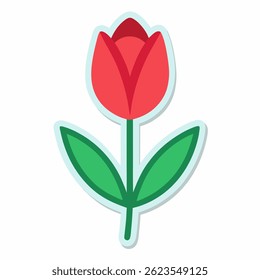 illustration of Flower sticker. Icon with beautiful blooming tulip or wildflower with green leaves. Happy Mothers Day. Design element for holiday celebration. Vector isolated on white background 