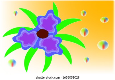 illustration of a flower of three blue petals, with a dark middle, around thin green leaves, colorful balls, on an orange background