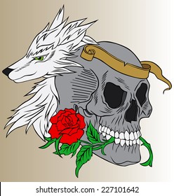 illustration flower wolf an skull