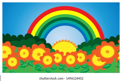 illustration of a flowering garden with a rainbow behind a small hill. vector illustration.