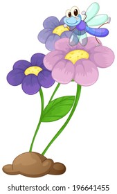 Illustration of a flowering plant with a dragonfly on a white background