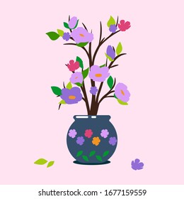 illustration of a flowering plant in a pot on a pink bacground. lilac flowers, buds and green leaves