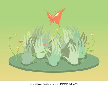 Illustration of flowering plants and open hands ready to catch the butterfly hovering above them.