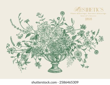 Illustration of a flowerpot with flowers in an engraving style. Vintage drawing. Detailed botany. Green