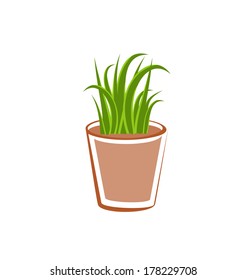 Illustration flowerpot with green grass plants isolated on white background - vector