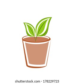 Illustration flowerpot with green leafs plants isolated on white background - vector