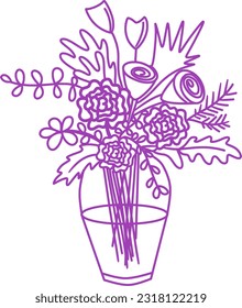 Illustration of flowerpot. Hand drawn flower doodle bouquet. Simple floral sketches, drawing, still life,Botanical stock, vector