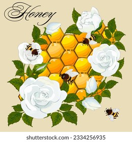 Illustration with flowers and bees.Vector illustration with bees and flowers on honeycombs.