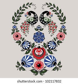 Illustration with flowers and birds in the Russian traditional style (Gorodets).