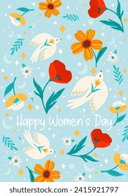 Illustration with flowers and birds. Vector design concept for International Women s Day and other use