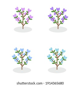 Illustration of flowers blooming on the branches on white background. (floral set in spring, summer, outdoors, garden, pink, purple, blue)
