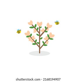 Illustration of flowers blooming on the branches in spring and summer with honey bees on white background.