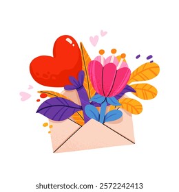 Illustration of flowers bouquet in an envelope. Vector design concept for Valentines Day. Flat cartoon illustration.