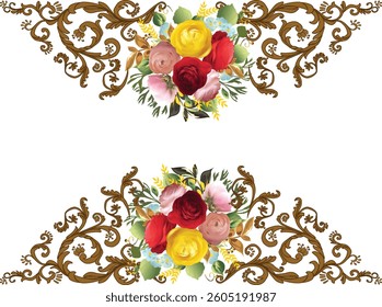 illustration with flowers in brown curled elements isolated on white background