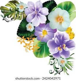 illustration with flowers bunch corner shape on white background