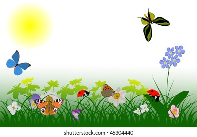 Illustration with flowers, butterflies and ladybugs