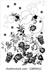 illustration with flowers and butterflies silhouette on white background